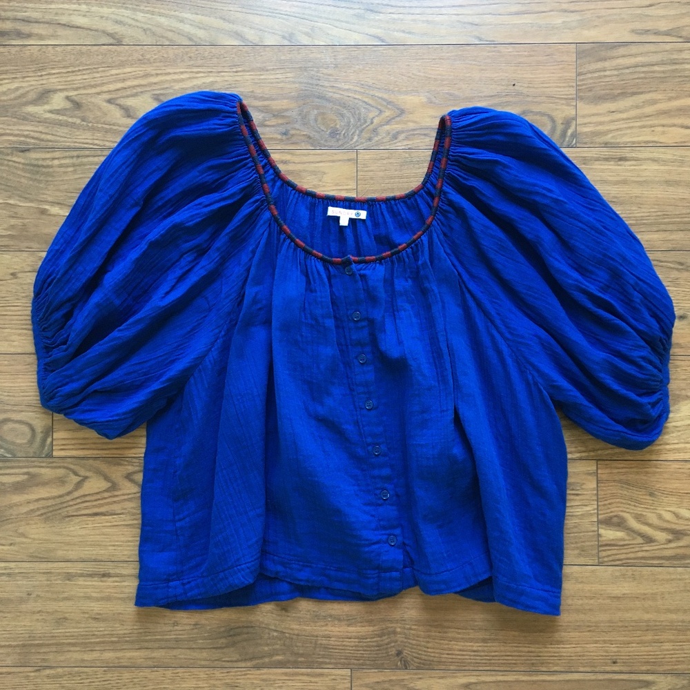 Sundry Cotton Double Gauze Peasant Blouse Top Shirt Size 1 Royal Blue
